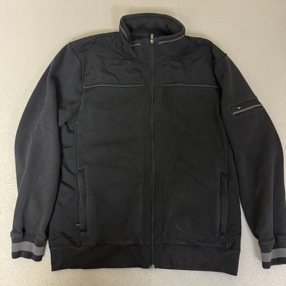 Tommy Hilfiger XL Black Full Zip Fleece Jacket Mock Neck Quilted Trim Mens